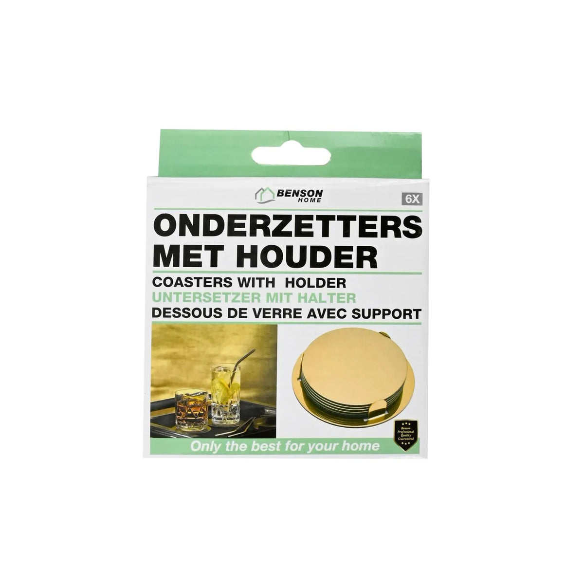 Benson Onderzetters goud RVS 8,5 cm 6 dlg + houder