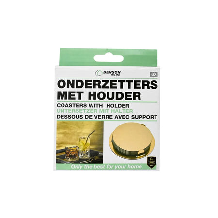 Benson Onderzetters goud RVS 8,5 cm 6 dlg + houder