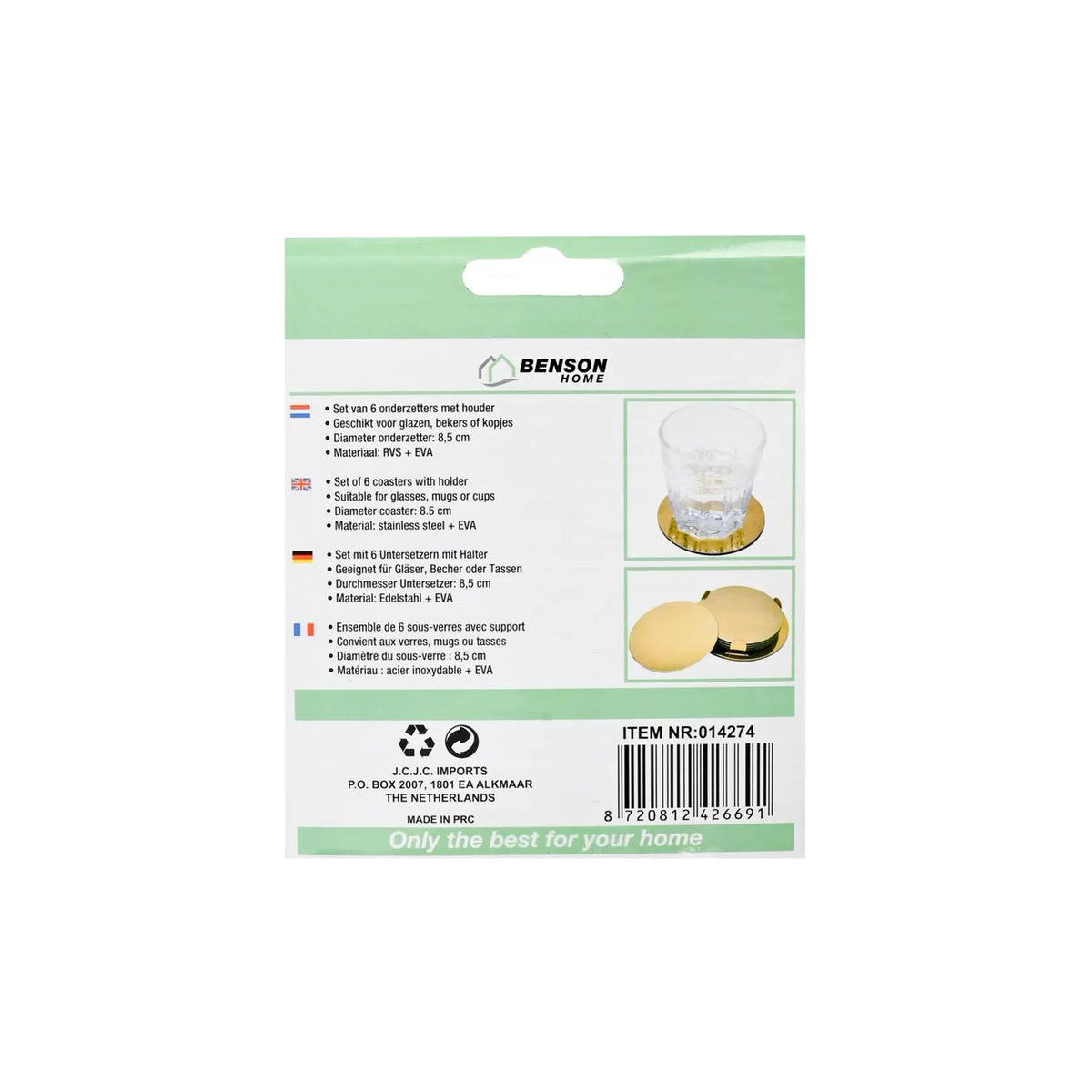 Benson Onderzetters goud RVS 8,5 cm 6 dlg + houder