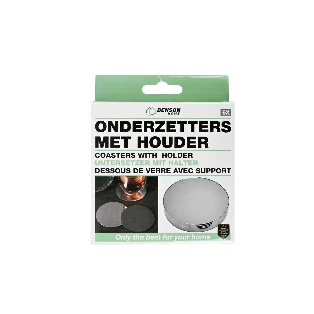 Benson Onderzetters zilver RVS 10 cm 6 dlg + houder