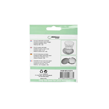 Benson Onderzetters zilver RVS 10 cm 6 dlg + houder