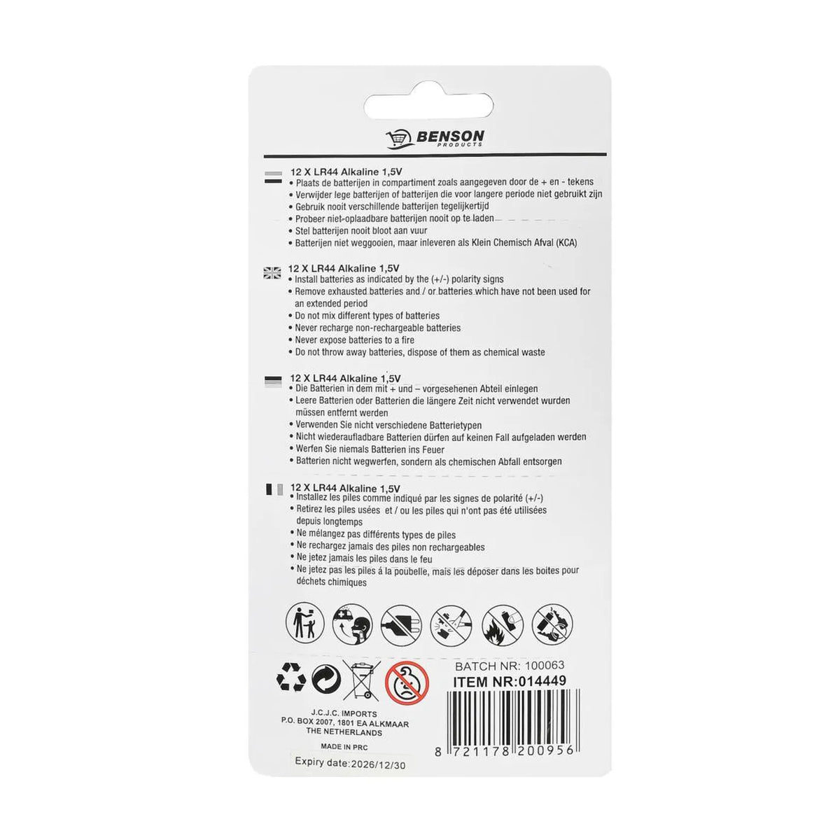 Benson Products Batterij knoopcel 1,5V LR44 12 dlg