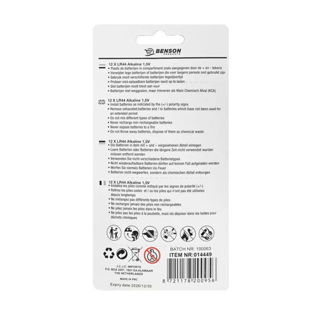 Benson Products Batterij knoopcel 1,5V LR44 12 dlg