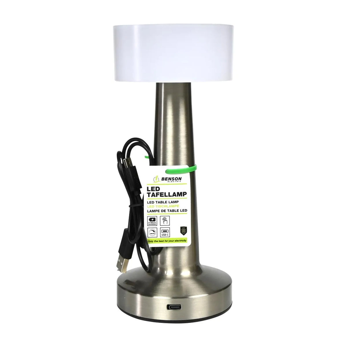 Benson Electric LED tafellamp oplaadbaar dimbaar touch zilver display