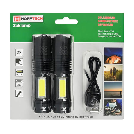 Höfftech Zaklamp COB oplaadbaar 2 dlg