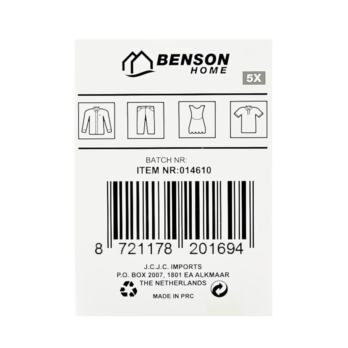 Benson Kledinghangers metaal met anti-slip coating 5 dlg zwart