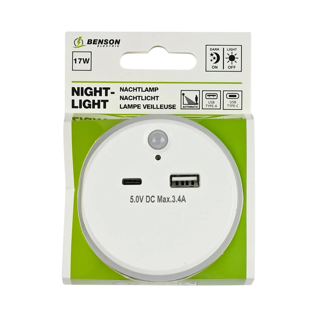 Benson Electric Nachtlamp USB-A en USB-C met dag/nacht + PIR sensor