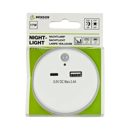 Benson Electric Nachtlamp USB-A en USB-C met dag/nacht + PIR sensor