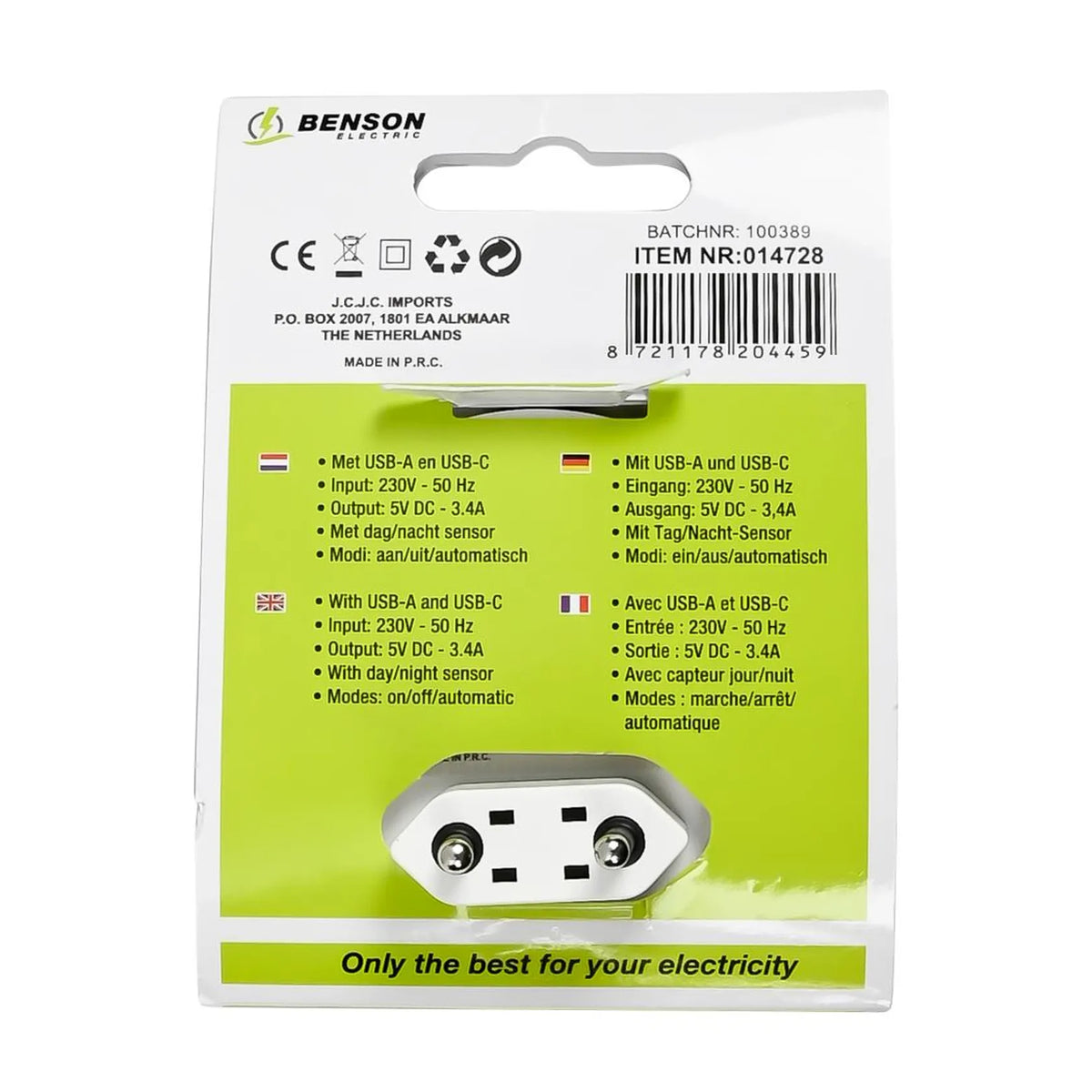 Benson Electric Nachtlamp USB-A en USB-C met sensor