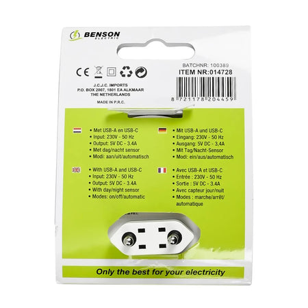 Benson Electric Nachtlamp USB-A en USB-C met sensor