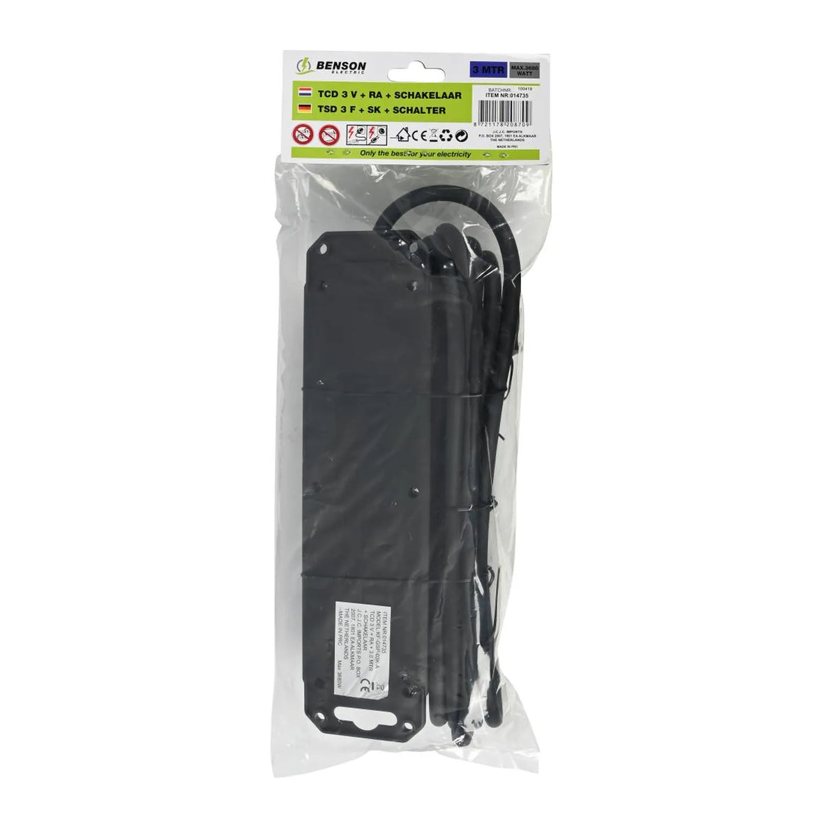 Benson Electric Stekkerdoos 3-voudig + RA + schakelaar 3.0 mtr IP44