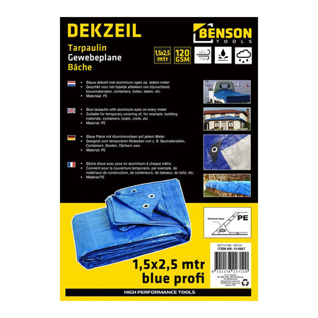 Benson Tools Dekzeil 1,5 x 2,5 mtr blauw profi