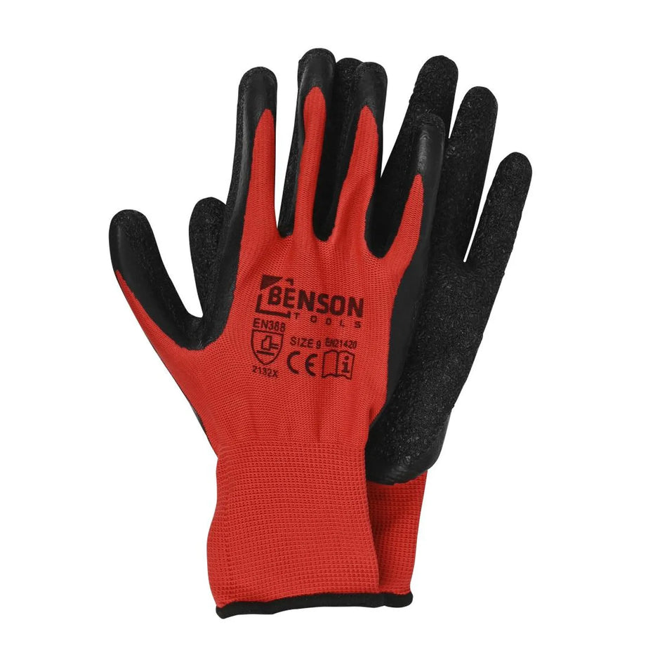 Benson Tools Werkhandschoenen latex crinkle rood zwart maat 9
