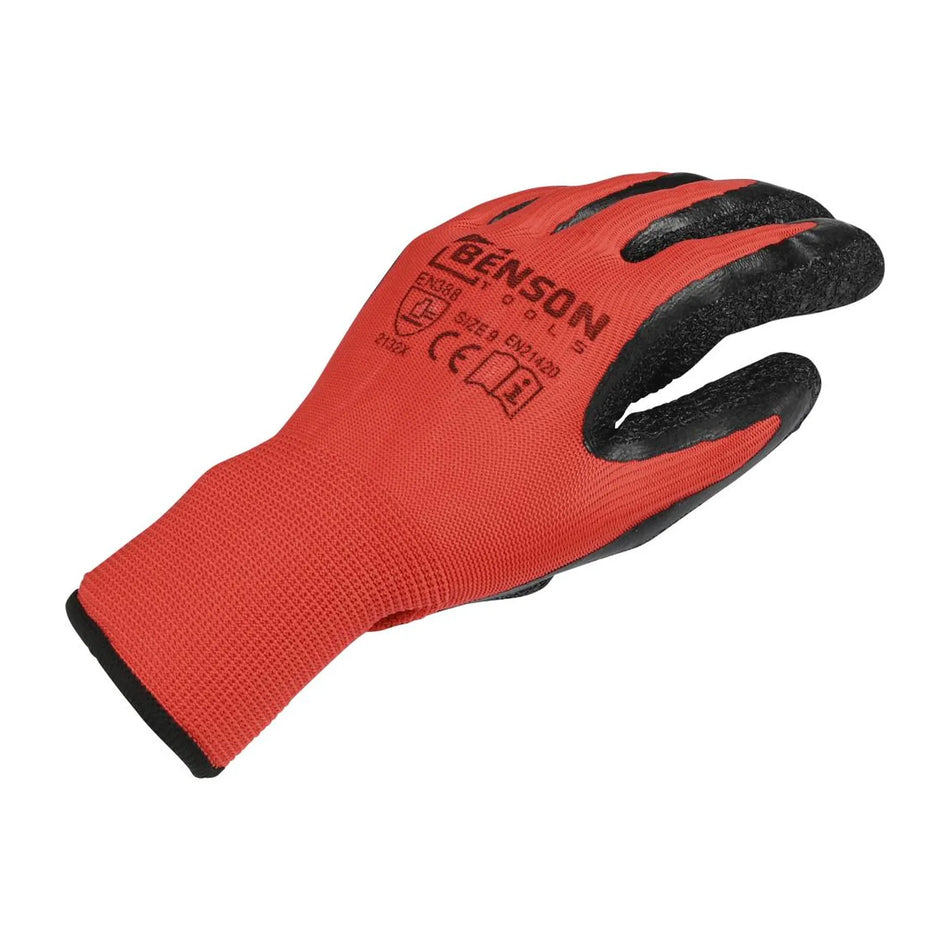 Benson Tools Werkhandschoenen latex crinkle rood zwart maat 9