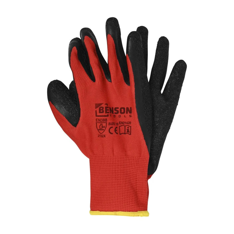 Benson Tools Werkhandschoenen latex crinkle rood zwart maat 10