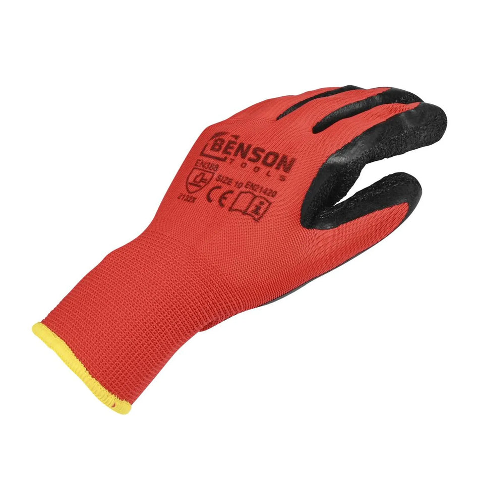 Benson Tools Werkhandschoenen latex crinkle rood zwart maat 10