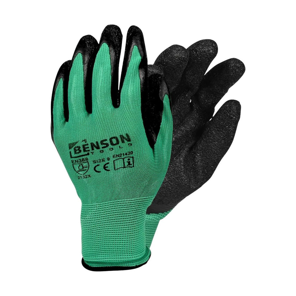 Benson Tools Werkhandschoenen latex crinkle groen zwart maat 9