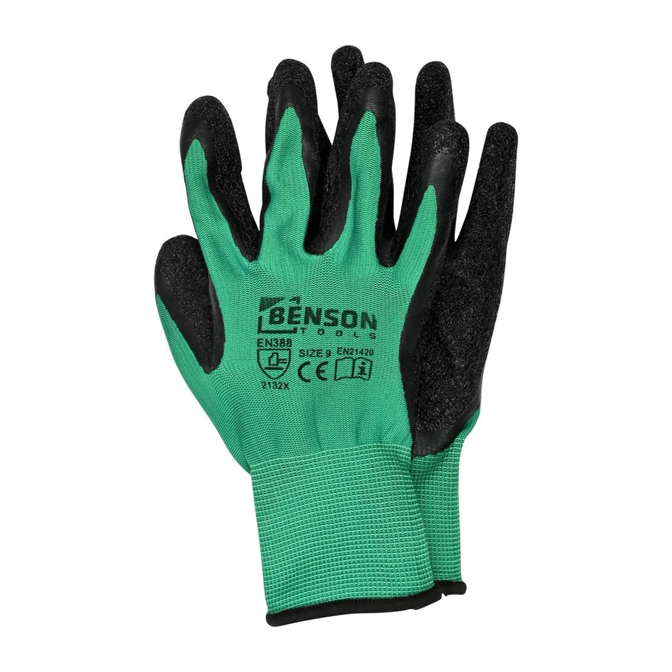 Benson Tools Werkhandschoenen latex crinkle groen zwart maat 9