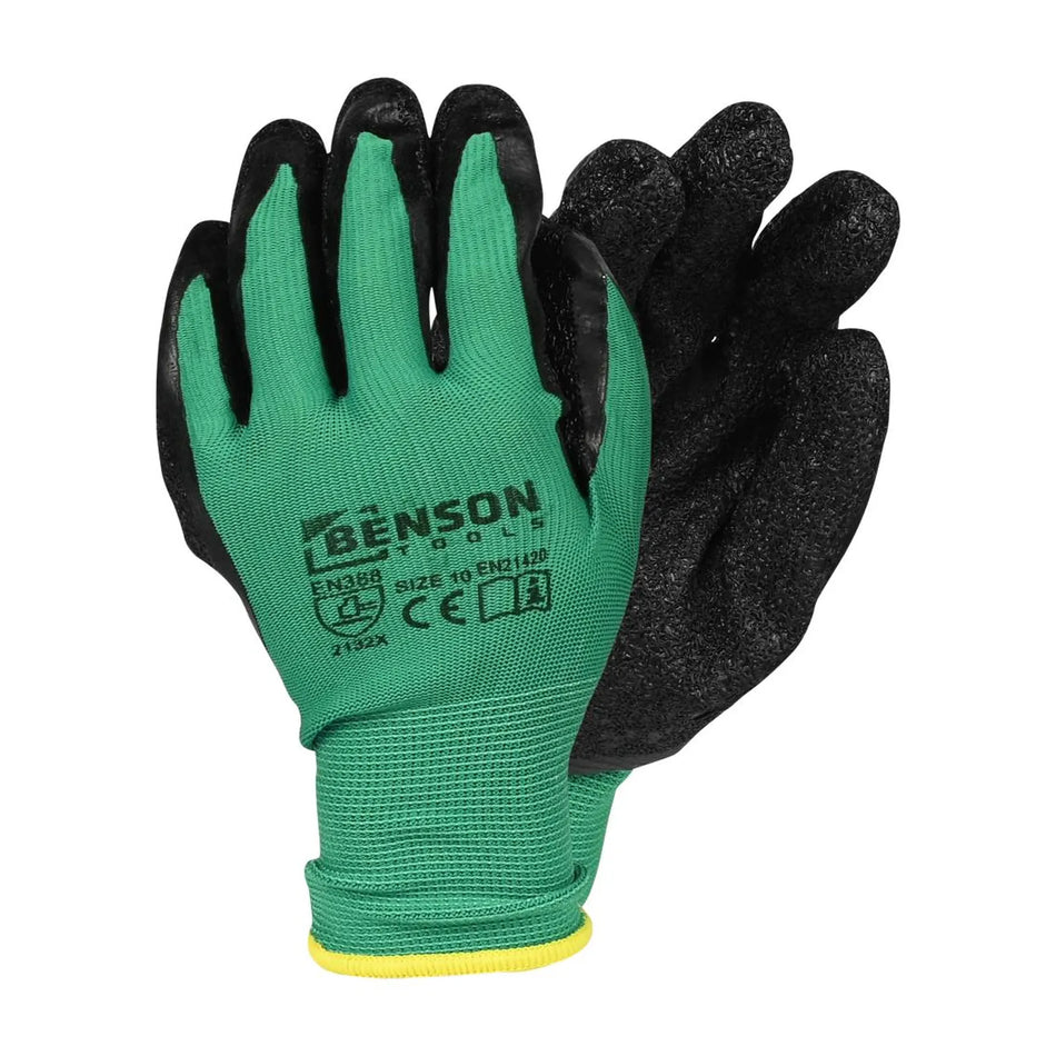 Benson Tools Werkhandschoenen latex crinkle groen zwart maat 10