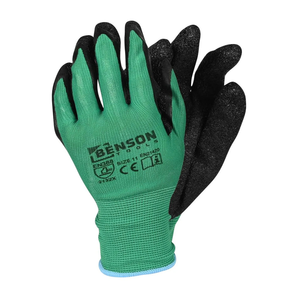 Benson Tools Werkhandschoenen latex crinkle groen zwart maat 11