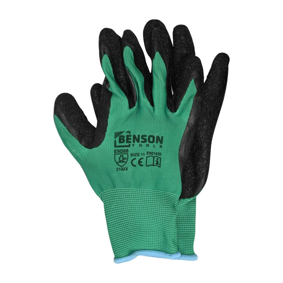 Benson Tools Werkhandschoenen latex crinkle groen zwart maat 11