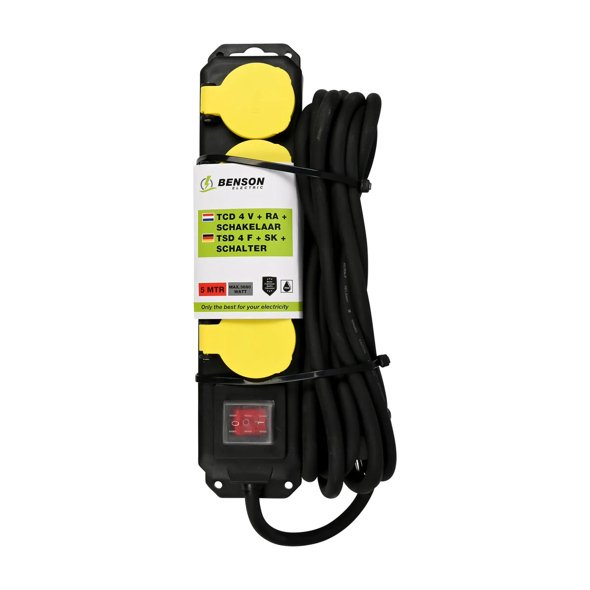 Benson Electric Stekkerdoos 4-voudig + RA + schakelaar 5.0 mtr IP44