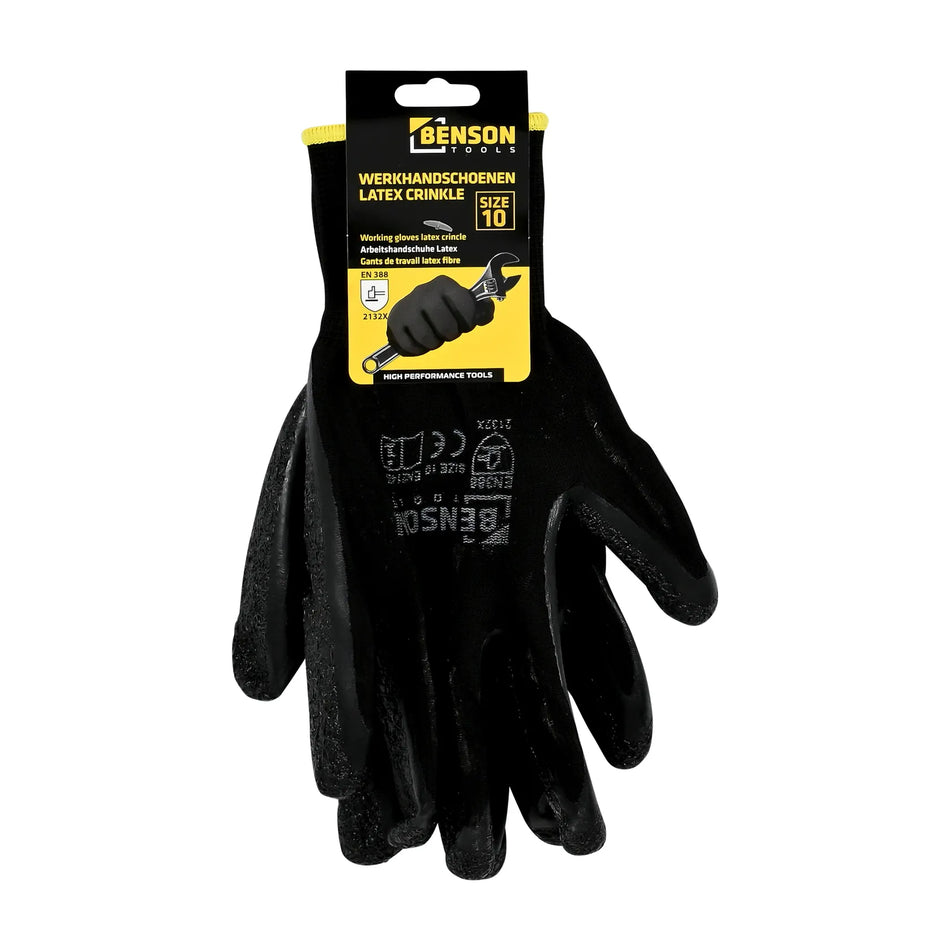 Benson Tools Werkhandschoenen latex crinkle zwart maat 10