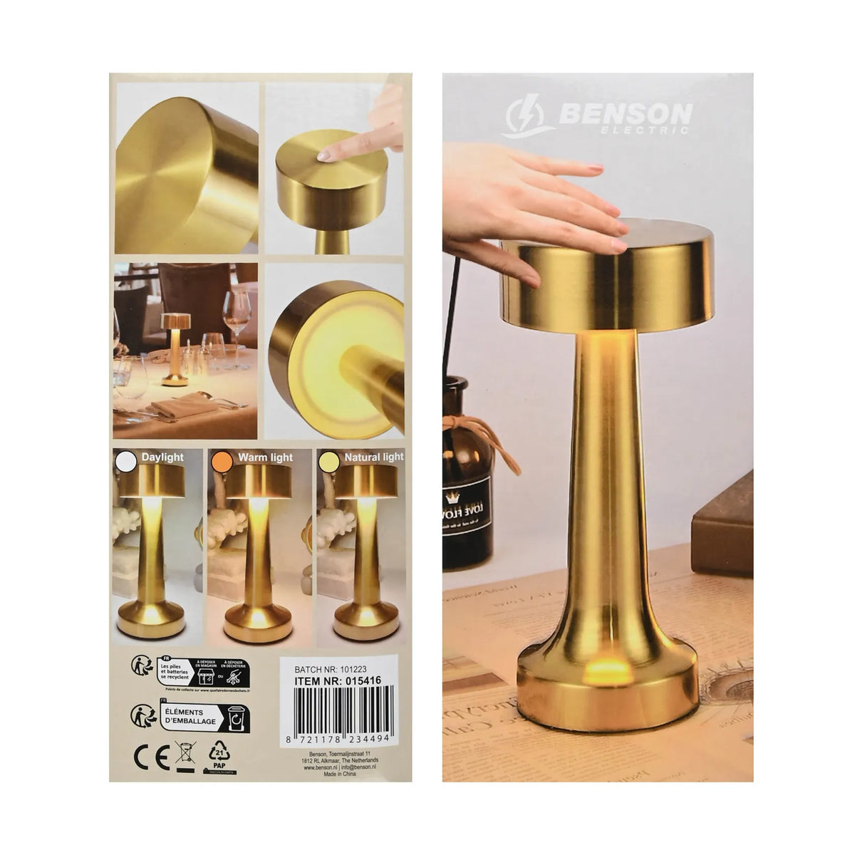 Benson Electric LED Tafellamp dimbaar oplaadbaar touch goud
