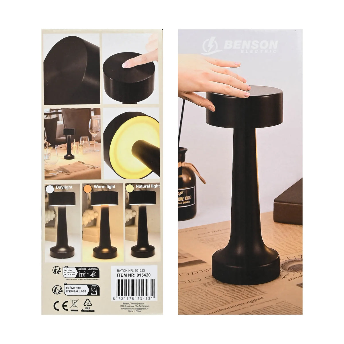 Benson Electric LED Tafellamp dimbaar oplaadbaar touch zwart