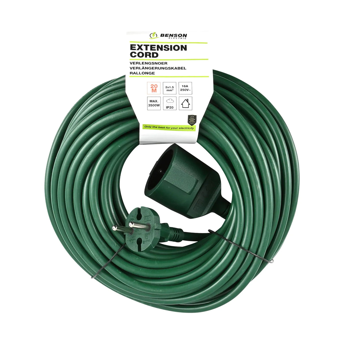 Benson Electric Verlengsnoer 2X1.5 niet geaard 20 mtr groen