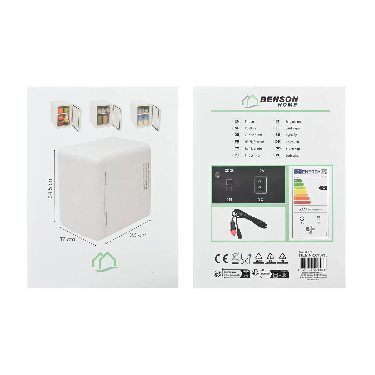 Benson Koelkast 4 ltr wit
